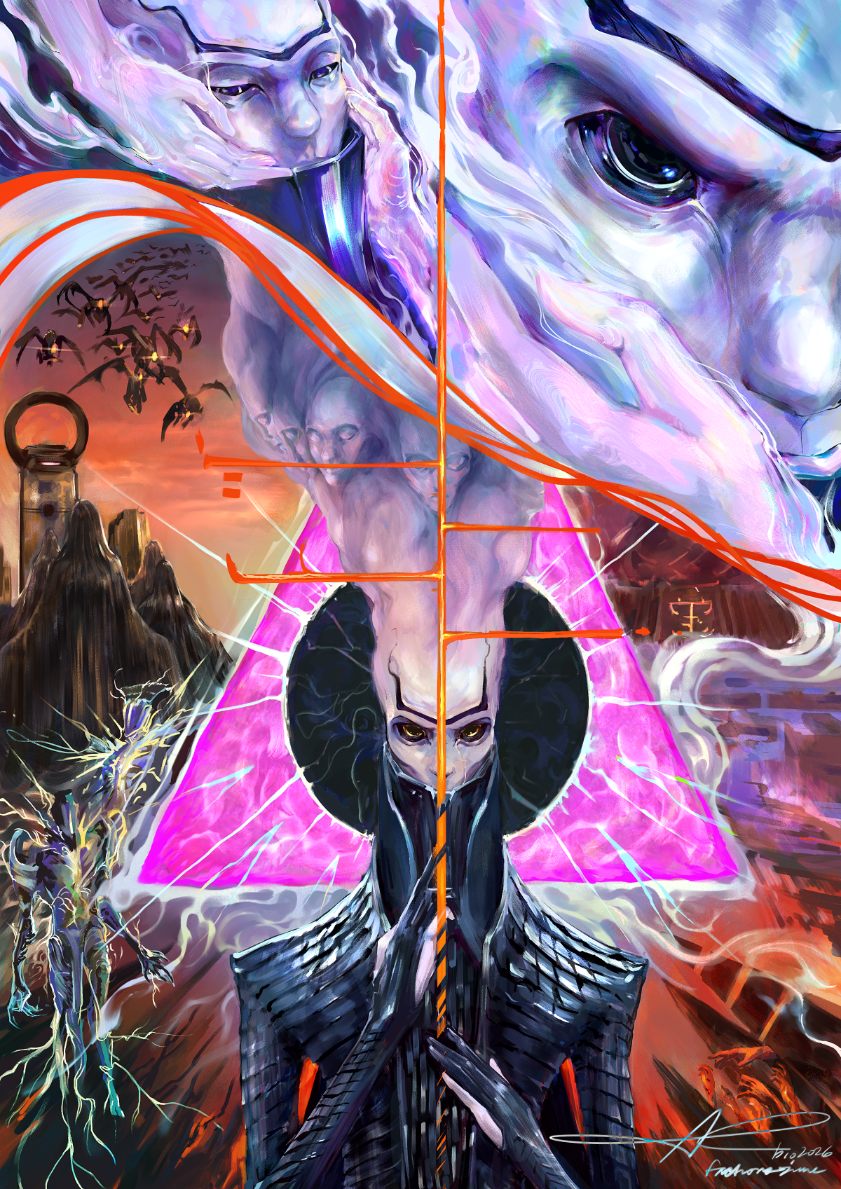 Destiny 2 collage-style digital painting of the witness, dread faction, and pale heart